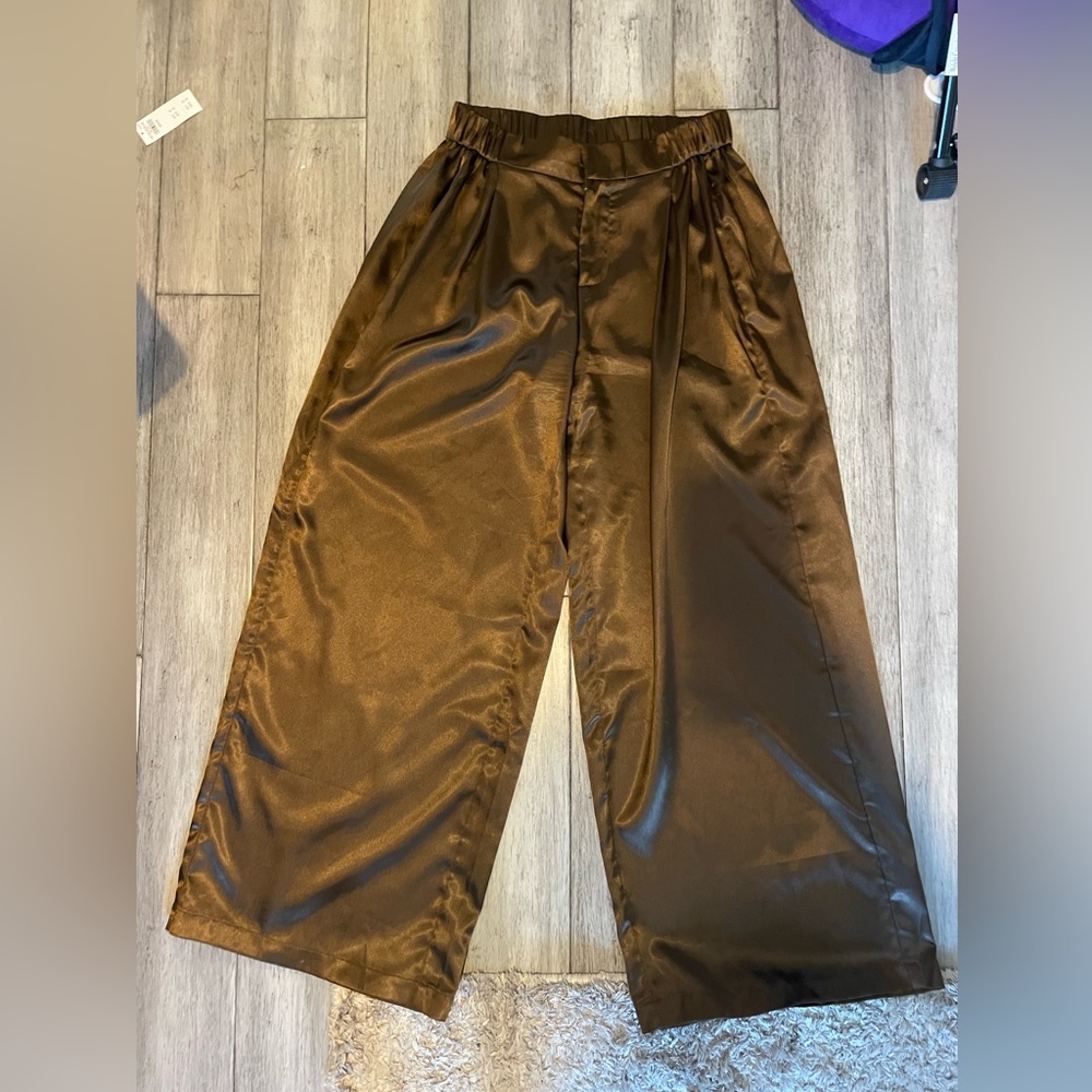 Brown Satin Wide-Leg Pants